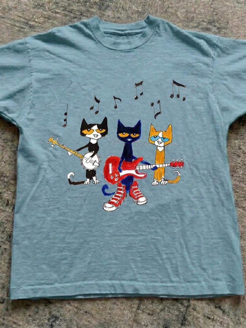 Gildan Light Blue Tee with Colorful Cat Band Graphic
